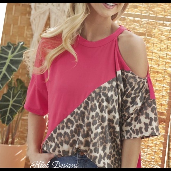 New! Clearance 🔥 Reddish Pink One Shoulder Animal Print Diagonal Cut Top - Picture 7 of 7